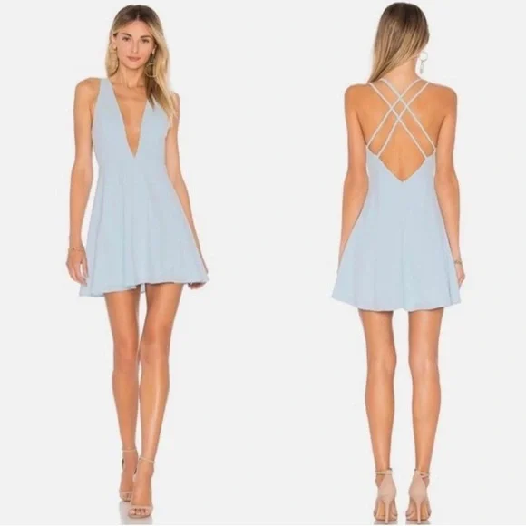 Revolve Superdown Baby Blue Deep V-Neck Sammie Mini Skater Dress Large - Picture 2 of 14